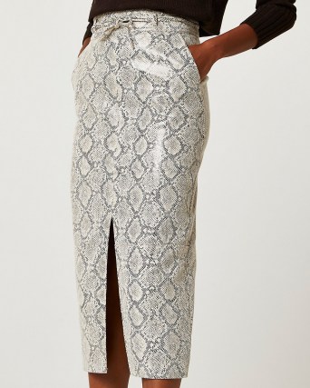 RIVER ISLAND Grey faux leather snake print midi skirt / front split skirts / animal prints on fashion - flipped