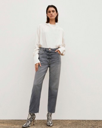 River Island Grey RI Studio High Waisted Straight Jeans | women’s Responsibly Sourced Cotton denim fashion | raw hem | high rise | relaxed - flipped