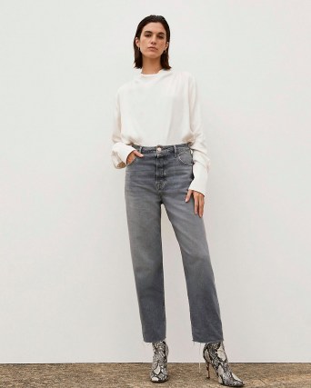 River Island Grey RI Studio High Waisted Straight Jeans | women’s Responsibly Sourced Cotton denim fashion | raw hem | high rise | relaxed