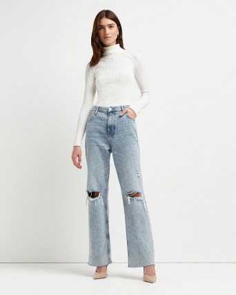 River Island Grey ripped high waisted tapered jeans | womens fashionable destroyed denim