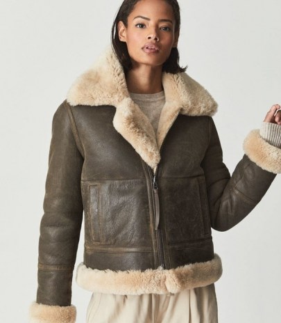 REISS HADI REVERSIBLE SHEARLING AVIATOR JACKET BROWN ~ luxury winter jackets ~ womens casual luxe outerwear - flipped