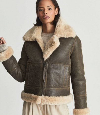 REISS HADI REVERSIBLE SHEARLING AVIATOR JACKET BROWN ~ luxury winter jackets ~ womens casual luxe outerwear