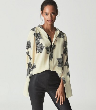 REISS HARRIS FLORAL-SKETCH PRINT SATIN BLOUSE IVORY – feminine drapey style blouses – womens fluid fabric tops - flipped