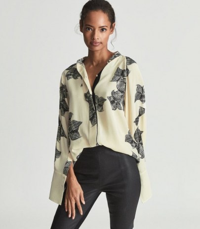 REISS HARRIS FLORAL-SKETCH PRINT SATIN BLOUSE IVORY – feminine drapey style blouses – womens fluid fabric tops