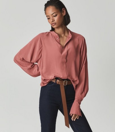 REISS HARRIS CONCEALED PLACKET BLOUSE PINK – luxe shirt style blouses - flipped