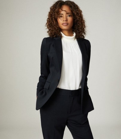 Reiss HAYES WOOL BLEND SLIM FIT BLAZER NAVY – womens chic dark blue coordinating suit blazers – women’s stylish single button jackets – classic suits - flipped