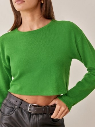 REFORMATION Idan Cropped Cashmere Crew in Kelly Green ~ luxe crop hem sweaters ~ on trend knitwear - flipped
