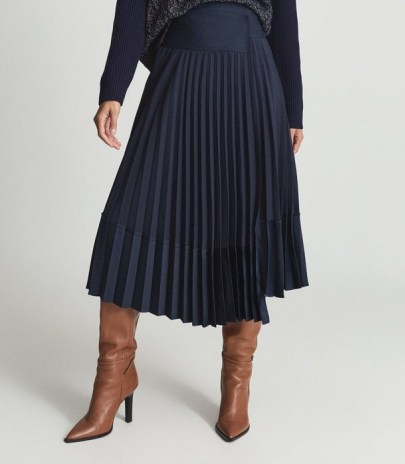 REISS IRIS ASYMMETRIC PLEATED MIDI SKIRT NAVY ~ dark blue contemporary skirts