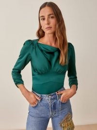 Reformation Jason Top in Forest – green fitted bodice silk tops – womens vintage style fashion