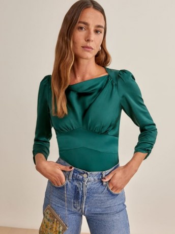 Reformation Jason Top in Forest – green fitted bodice silk tops – womens vintage style fashion - flipped