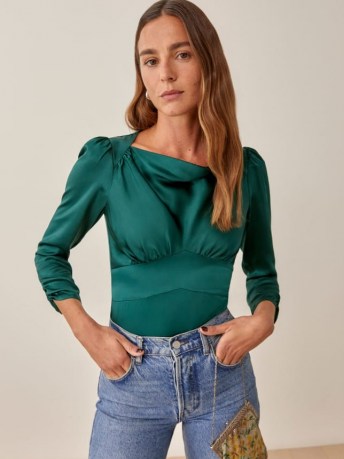 Reformation Jason Top in Forest – green fitted bodice silk tops – womens vintage style fashion