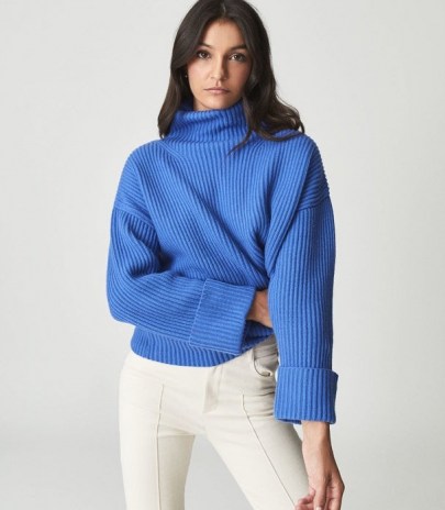 Reiss JILLIAN ROLL NECK BLUE | womens high neck oversized jumpers | women’s cuffed long sleeved ribbed knit jumper | stylish knitwear - flipped