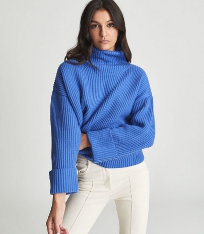 Reiss JILLIAN ROLL NECK BLUE | womens high neck oversized jumpers | women’s cuffed long sleeved ribbed knit jumper | stylish knitwear