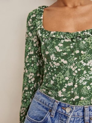 Reformation Jon Top in Autumnal – green floral fitted bodice scoop neck tops – ruffled neckline - flipped