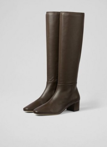 L.K. BENNETT KAREN BROWN LEATHER KNEE-HIGH BOOTS ~ womens chocolate-brown autumn boots ~ women’s classic winter footwear ~ stylish wardrobe essentials