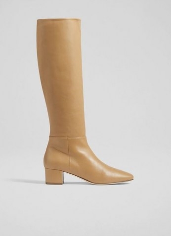 L.K. BENNETT KAREN CAMEL LEATHER KNEE-HIGH BOOTS ~ light brown block heel round toe boots ~ womens chic autumn and winter footwear - flipped