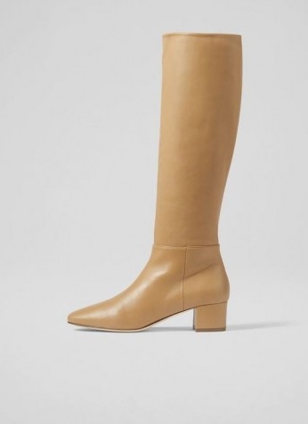 L.K. BENNETT KAREN CAMEL LEATHER KNEE-HIGH BOOTS ~ light brown block heel round toe boots ~ womens chic autumn and winter footwear