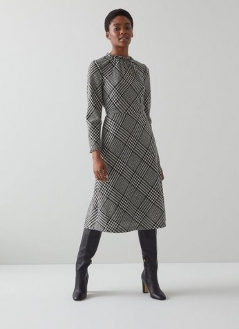 KATIE BLACK AND WHITE CHECK WOOL-BLEND MIDI DRESS / long sleeve checked day dresses