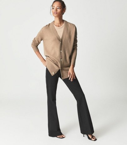 REISS KELIS WOOL CASHMERE BLEND CARDIGAN CAMEL ~ womens luxe light brown buttoned front cardigans - flipped
