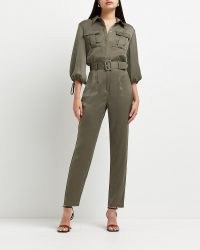 RIVER ISLAND Khaki belted jumpsuit ~ green utility style jumpsuits