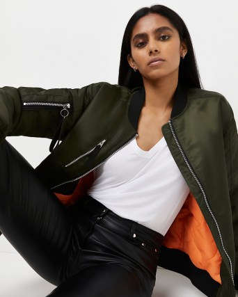 River Island Khaki bomber jacket | womens green zip detail on-trend jackets - flipped