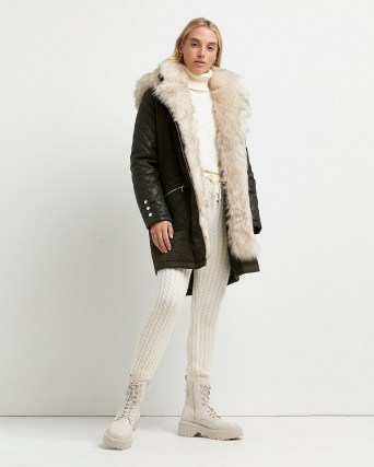 River Island Khaki faux fur lined parka coat – luxe style hooded winter coats – womens outerwear