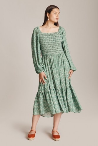 GHOST LACEY DRESS Green Ditsy ~ long sleeve square neck shirred bodice dresses ~ tiered hem ~ volume sleeves - flipped