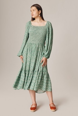 GHOST LACEY DRESS Green Ditsy ~ long sleeve square neck shirred bodice dresses ~ tiered hem ~ volume sleeves
