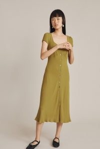GHOST LEONA DRESS in Olive ~ green short sleeve button through dresses