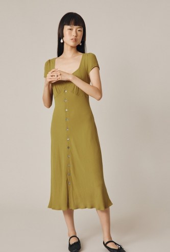 GHOST LEONA DRESS in Olive ~ green short sleeve button through dresses - flipped