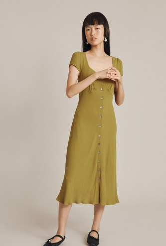 GHOST LEONA DRESS in Olive ~ green short sleeve button through dresses