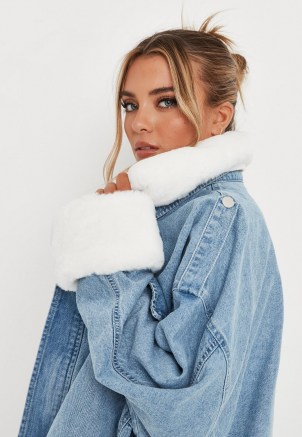 MISSGUIDED light blue faux fur collar denim jacket ~ womens slouchy oversized casual jackets - flipped