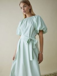 Reformation Lloyd Dress Pistachio | green organic cotton puff sleeve tie-waist dresses