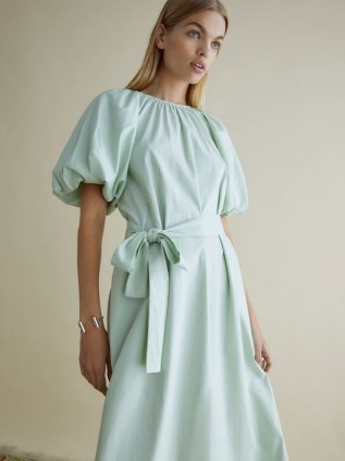 Reformation Lloyd Dress Pistachio | green organic cotton puff sleeve tie-waist dresses - flipped
