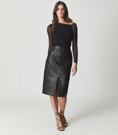 REISS LUCIE LEATHER PENCIL SKIRT BLACK ~ luxe front split skirts - flipped