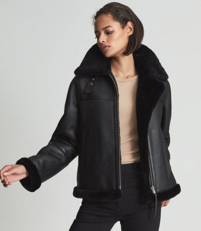 REISS MACEY REVERSIBLE SHEARLING AVIATOR JACKET BLACK ~ womens responsibly sourced leather jackets ~ women’s luxe winter outerwear