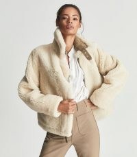 REISS MACEY REVERSIBLE SHEARLING AVIATOR JACKET TAN ~ womens luxe textured winter jackets