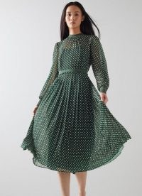 L.K. BENNETT MARIANNE GREEN POLYESTER DRESS ~ floaty semi sheer pleated dresses ~ spot print fashion ~ polka dot prints