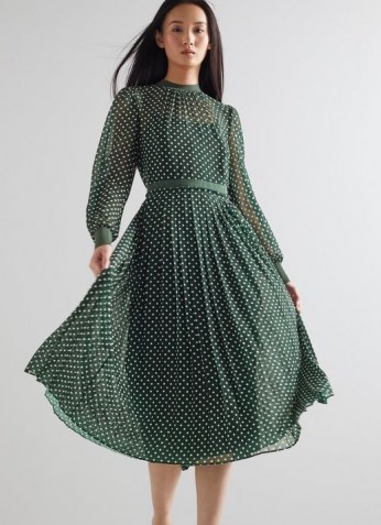L.K. BENNETT MARIANNE GREEN POLYESTER DRESS ~ floaty semi sheer pleated dresses ~ spot print fashion ~ polka dot prints - flipped