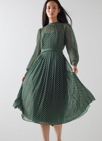 L.K. BENNETT MARIANNE GREEN POLYESTER DRESS ~ floaty semi sheer pleated dresses ~ spot print fashion ~ polka dot prints