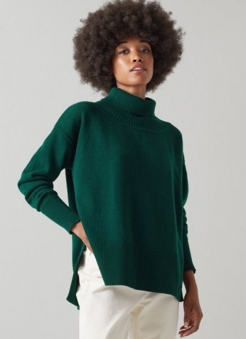 L.K. Bennett MARISOL GREEN WOOL-CASHMERE ROLL NECK JUMPER | relaxed fit high neck side slit jumpers | womens fashionable knitwear | autumn and winter colours - flipped