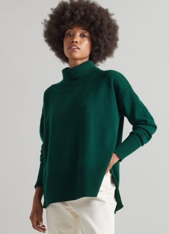 L.K. Bennett MARISOL GREEN WOOL-CASHMERE ROLL NECK JUMPER | relaxed fit high neck side slit jumpers | womens fashionable knitwear | autumn and winter colours