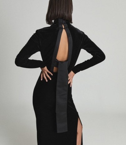 REISS MARTHA HIGH NECK VELVET DRESS BLACK ~ elegant cut out back LBD ~ open tie back occasion dresses