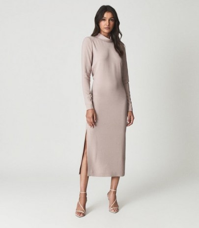 REISS MARTHA OPEN BACK MIDI DRESS NUDE ~ elegant and chic high neck evening dresses ~ special occasion event fashion - flipped