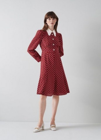 L.K. BENNETT MATHILDE BORDEAUX AND CREAM POLKA DOT SILK TEA DRESS / red spot print vintage style dresses