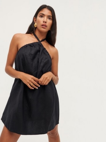 Reformation Maui Linen Dress in Black – halter neck sack style dresses – effortless glamour – halterneck fashion
