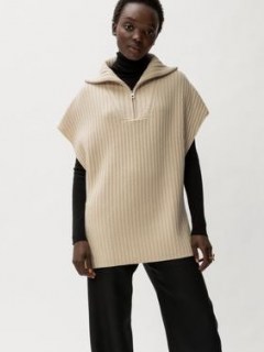 Jigsaw Merino Rib Zip Poncho Cream | neutral knitted ponchos | womens autumn outerwear - flipped