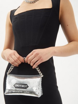TOM FORD Silver sequinned satin clutch bag ~ small luxe chain handle evening bags ~ designer logo event accessories ~ metallic occasion handbags - flipped