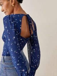 Reformation Michel Top in Starry Night – blue deep V-neck open back tops – cut out fashion