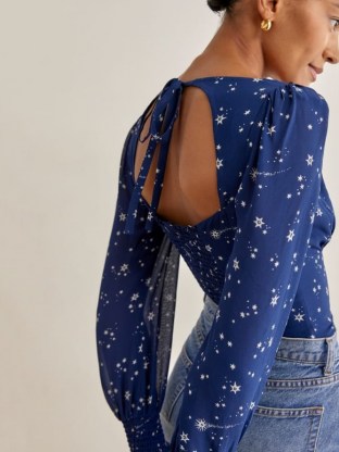 Reformation Michel Top in Starry Night – blue deep V-neck open back tops – cut out fashion - flipped